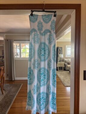 Venus White and Teal Strapless Maxi Dress Medium